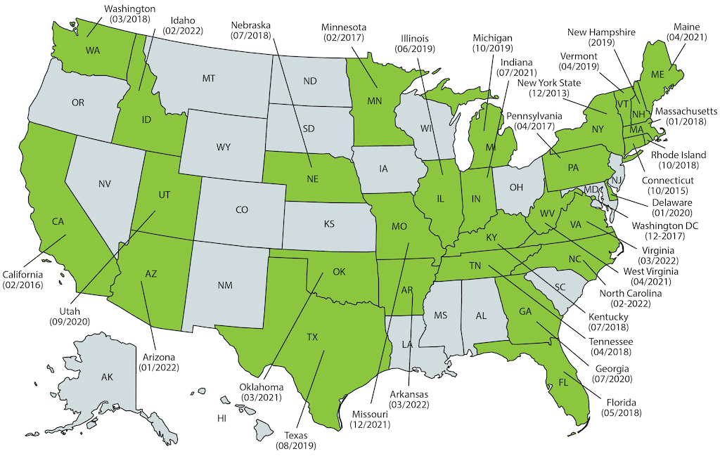 Die Landkarte zeigt diejenigen Staaten der USA, wo das Neugeborenenscreening für ALD begonnen hat